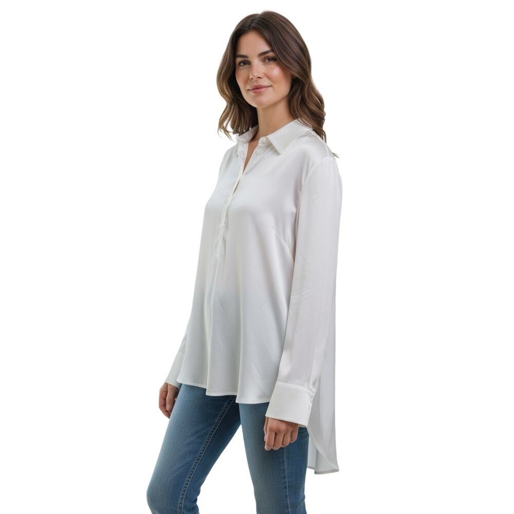 New Chico's Black Label LS Silk Blend 1/4 Button High Low Blouse White Large